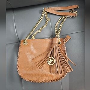 Michael Kors Tan Leather Chelsea Whipped Tassel Shoulder Bag with Gold Chain